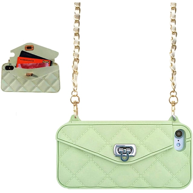 Wallet Case Compatible with iPhone, Pretty Luxury Bag Design, Purse Flip Card Pouch Cover Soft Silicone Case with Hand Holder Long Shoulder Strap(Light Green,iPhone 12 mini)