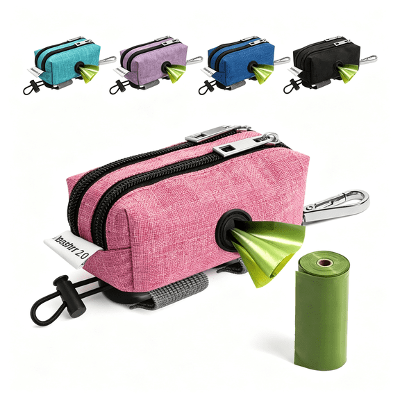 LQSEO Dog Poop Bag Holder for Leashes - Dog Poop Bag Dispenser and Treat Holder with 2 Waterproof Pouches for Pet Waste Bags and Walking Accessories   1 Free Roll - (Pink)
