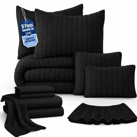 Lux Decor Collection 10-Piece Queen Comforter Set with Sheets - Queen Size Bedding Set, Black