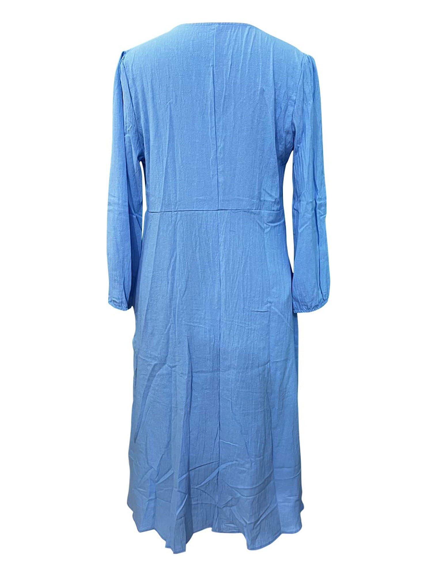 Sexy Dance Robe Longue pour Femmes, Décor de Boutons, Robes Maxi, Col en V, Plissée, Manches Longues, Bleu Pâle, 3TG