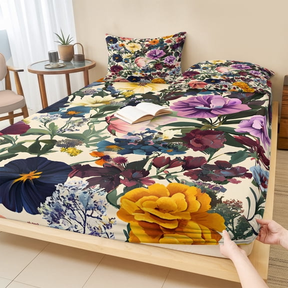 Twin Sze Fitted Sheet Set - Country Flowers 2 Piece Bedding Sets 16" Deep Pocket Fitted Sheet with 1 Pillowcase, Retro Pastoral Colorful Floral Herbs Brushed Microfiber Hotel Luxury Bed Sheets