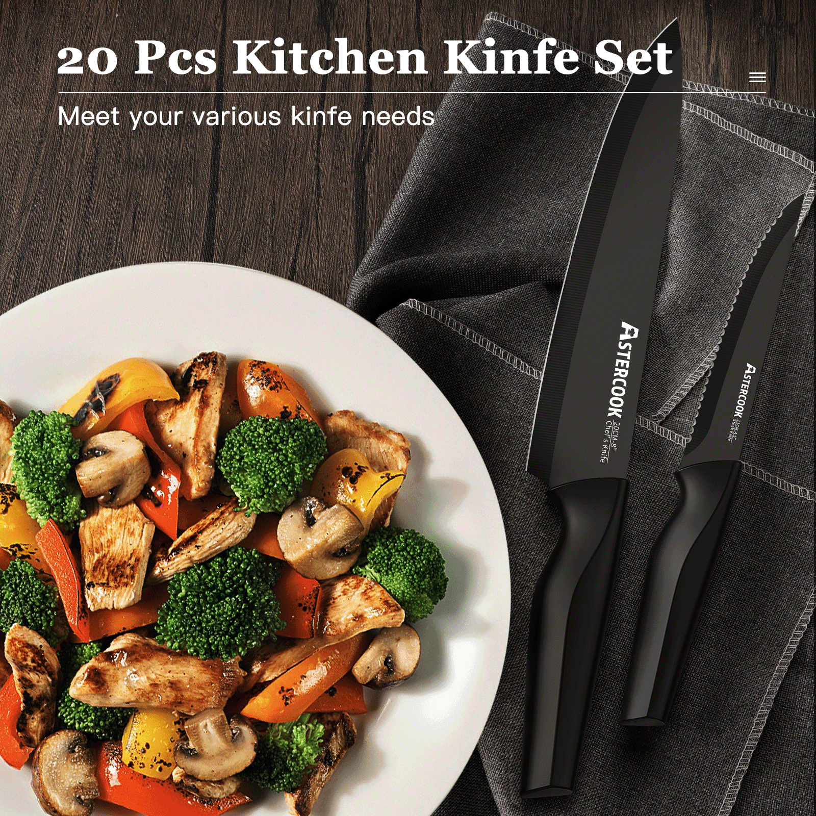 Astercook 20 Pieces Knife Set, Kitchen Knives Set with Built-in Sharpener,  Healthy Anti-Rust Coating & German Stainless Steel Knife Block Sets, Dishwasher Safe Black