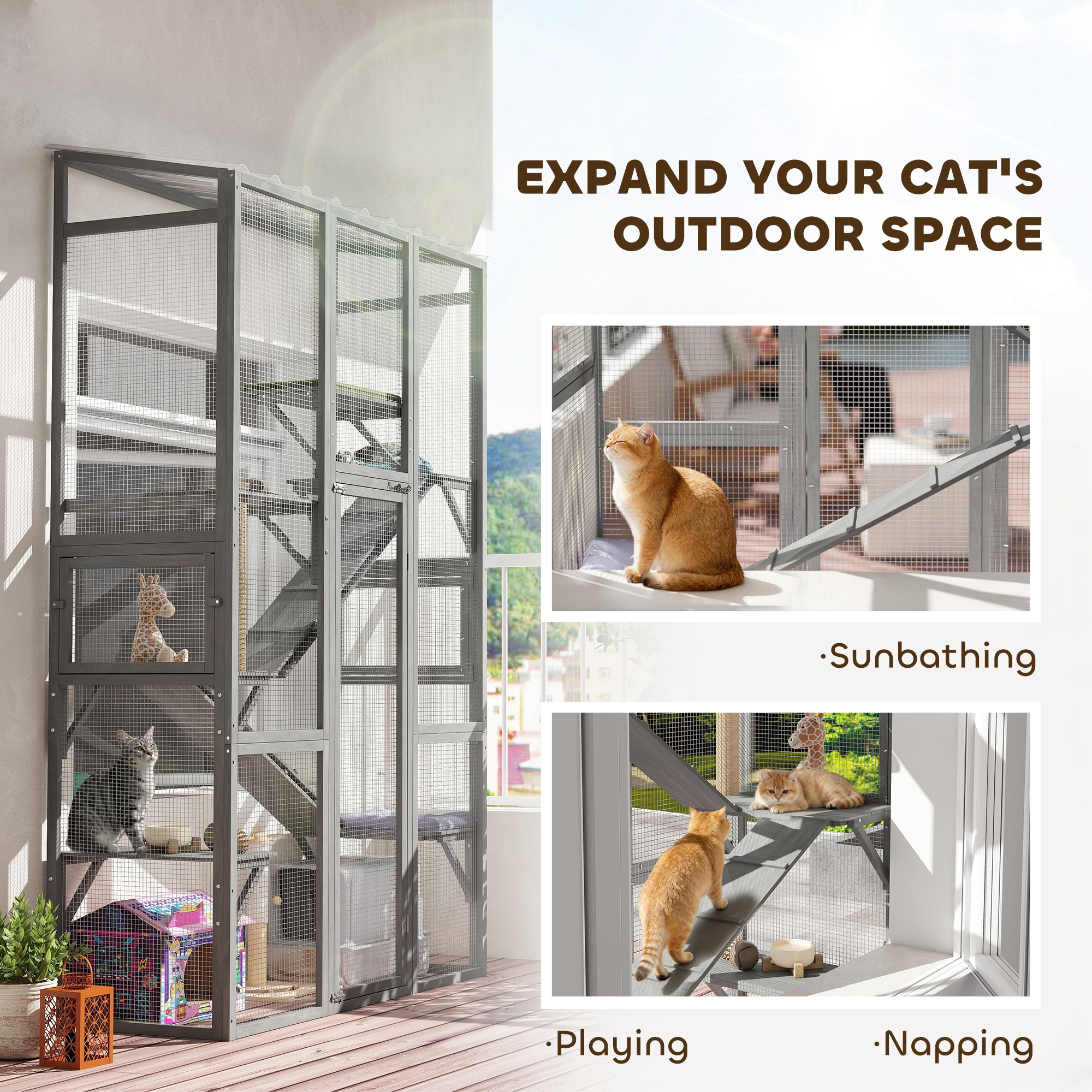 PawHut Outdoor Catio Cat Enclosure, Large Wooden Cat House with 6 Jumping Platforms, Scratching Post, 2 Ramps, Waterproof Roof, for 2-3 Kittens