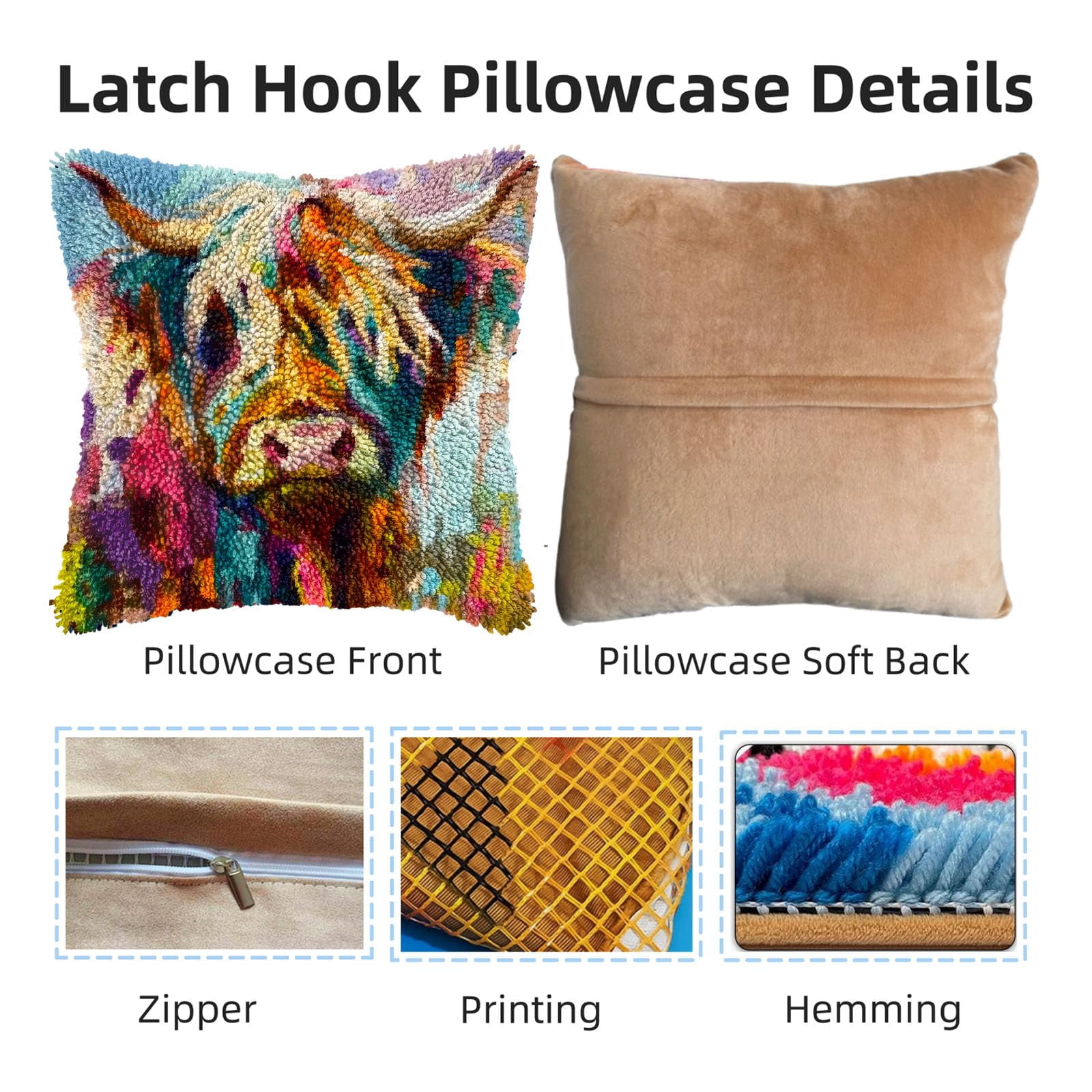 Rainbow Color Highland Cattle DIY Latch Hook Pillow Kits for Adults Printed Pillowcase Crochet Yarns Hooking Handmade Pillow Cover Cushion for Home Sofa Decoration 17x17inch(3)