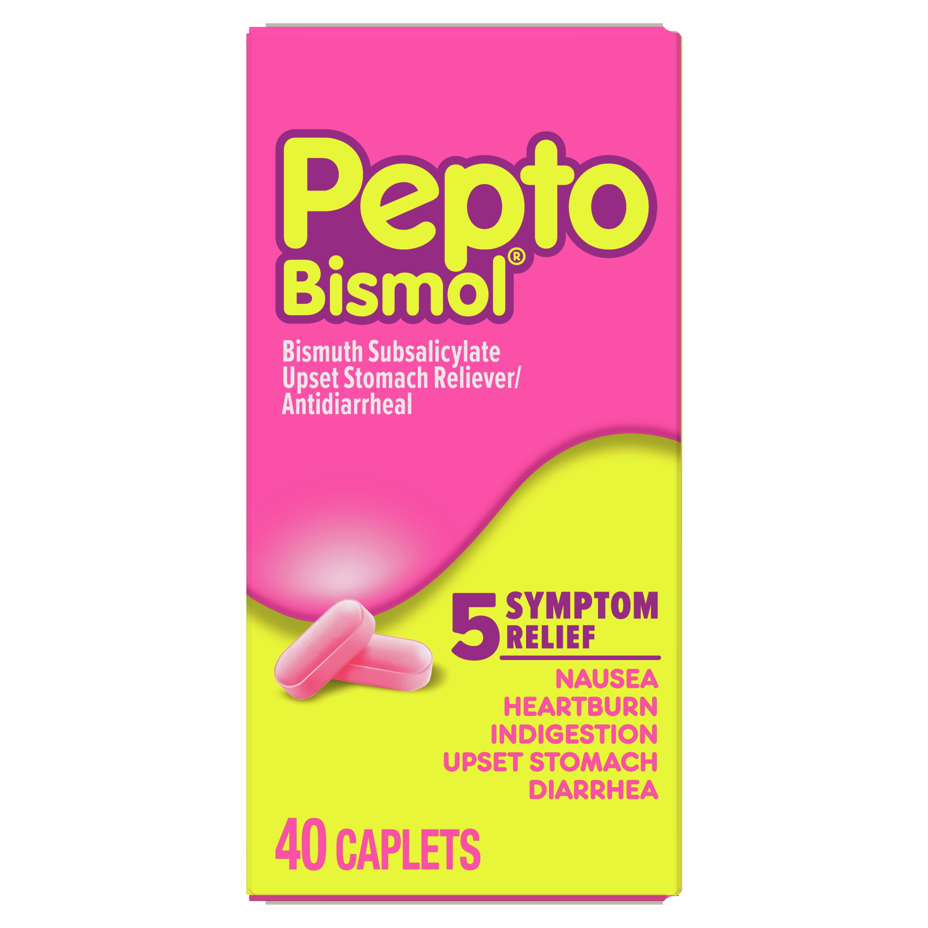 Pepto Bismol Caplets for Nausea, Heartburn, Indigestion, Upset Stomach, and Diarrhea 5 Symptom