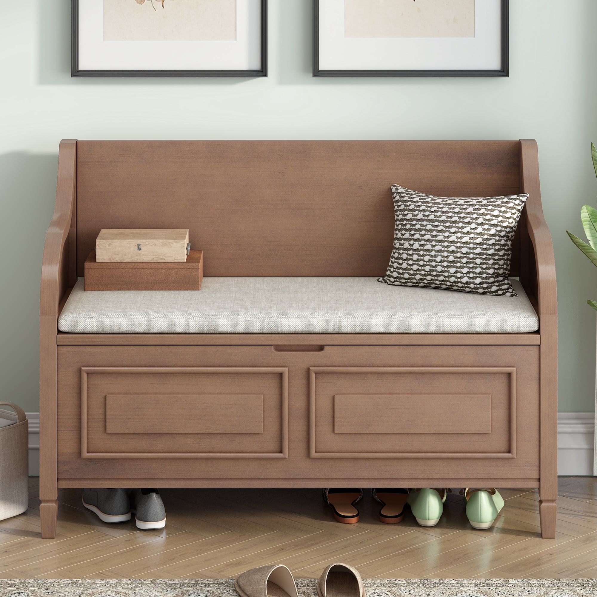 EUROCO 41.9" Rustic Storage Bench, wood Entryway Multifunctional Storage Bench with Armrests, Safety Hinge, Lift Top Storage and Removable Upholstered Seats for Living Room, Hallway, Brown