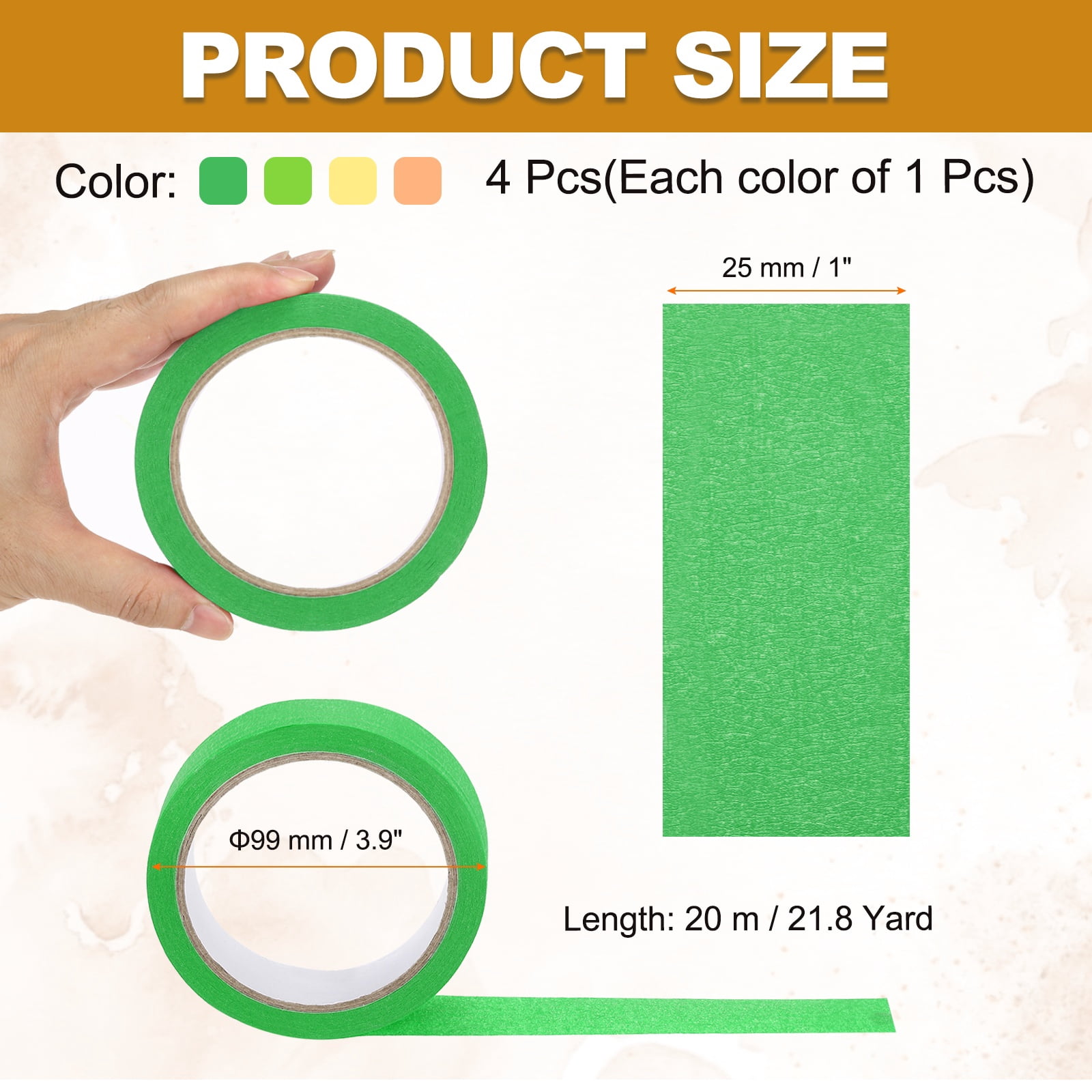 4pcs 1" x 22 Yard Colored Masking Tape, Yellow Orange Green