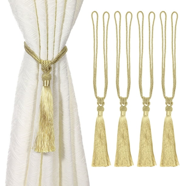 Uxcell Sujetadores de Cortinas, Paquete de 4 Sujetadores de Cortina Elegantes Hechos a Mano con Clips de Ventana con Borlas, Soporte Decorativo, Tono Dorado