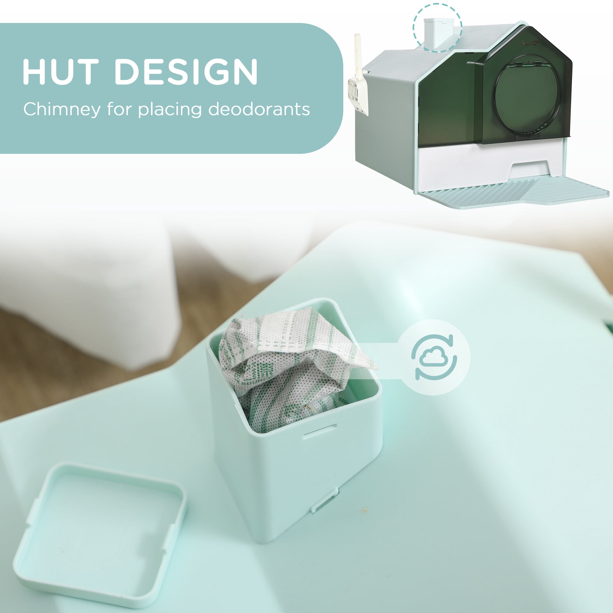Hooded Cat Litter Box with Litter Mat Odor Control Pull-Out Drawer Handle Scoop Enclosed Kitty Litter Pan Light Blue