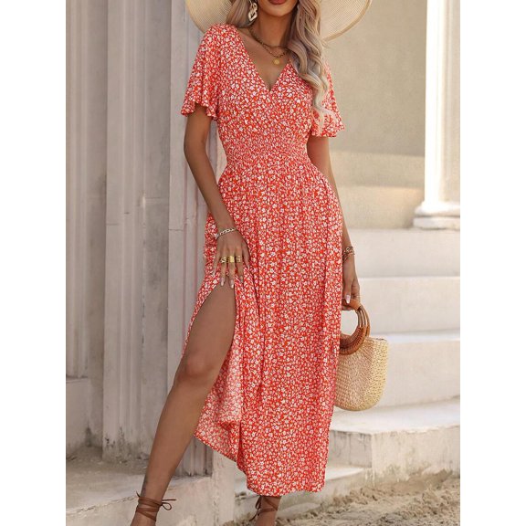 Orange Floral Print V-Neck Short Sleeve Maxi Dress For Women With Side Slit