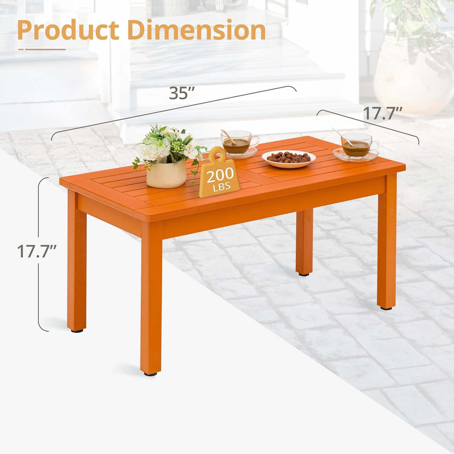 Dycanpo Outdoor Coffee Table Rectangle, HDPS Patio Tables for Outside, 17.7"x 35"x17.7", Orange