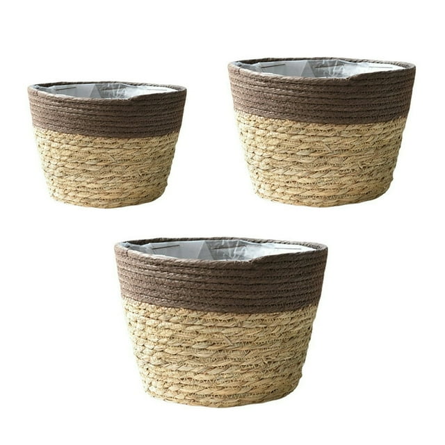 3Pcs Flower Pot Cover Rattan Garden Tool Indoor And Outdoor Pastoral Style With Plastic Lining Nordic Straw Storage Basket