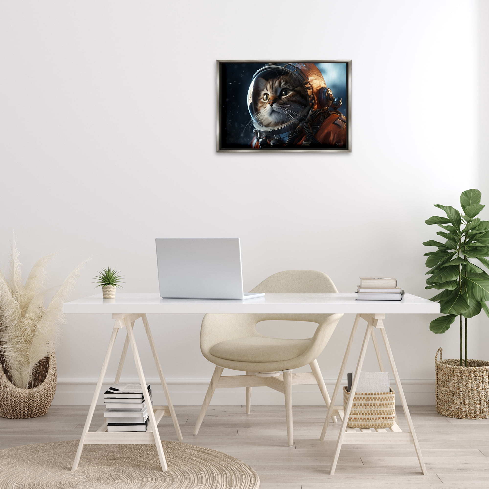 Stupell Industries Astronaut Cat in Space Animals & Insects Painting Gray Floater Framed Canvas Art Print Wall Art, 25 x 17