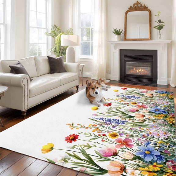 Wildflower Floral Large Area Rugs 5x8 ft Multicolor Spring Flower Leaves Rustic Washable Rug Non Slip Indoor Carpet Absorbent Floor Mat for Living Room Bedroom Dining Room