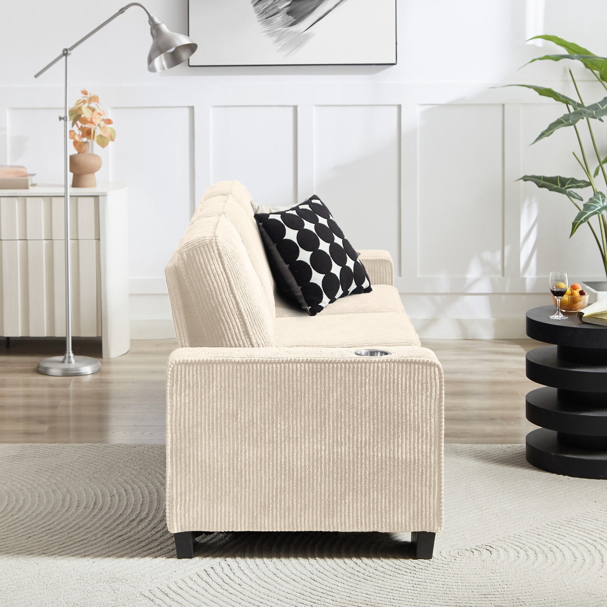AENKYO 84" Modern Corduroy 3-Seater Sofa, Compressed Couch with Built-in Cup Holders & Washable Covers, Beige