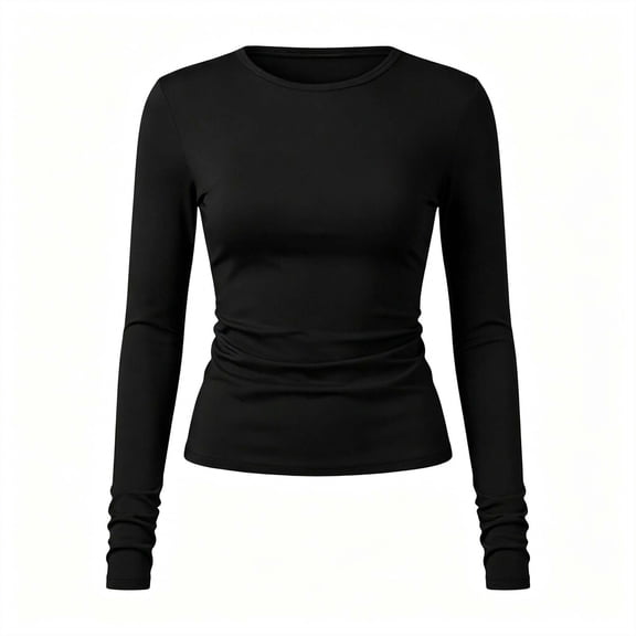 Tfken Women Tshirts Summer Long Sleeve Fall Crew Neck Tops Tees Slim Fit Casual T-Shirts Ladies Comfy Clothes Outerwear Size L Black