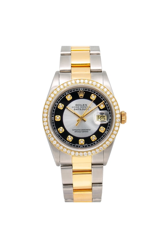 Pre-Owned Rolex Datejust 16013 36mm Silver and Black Diamond Dial Two-Tone Oyster Bracelet Watch