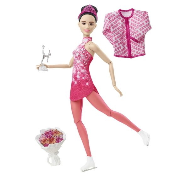 Barbie Ice Skater Doll, Brunette Fashion Doll with Pink Leotard, Tiara & Winter Sport Accessories