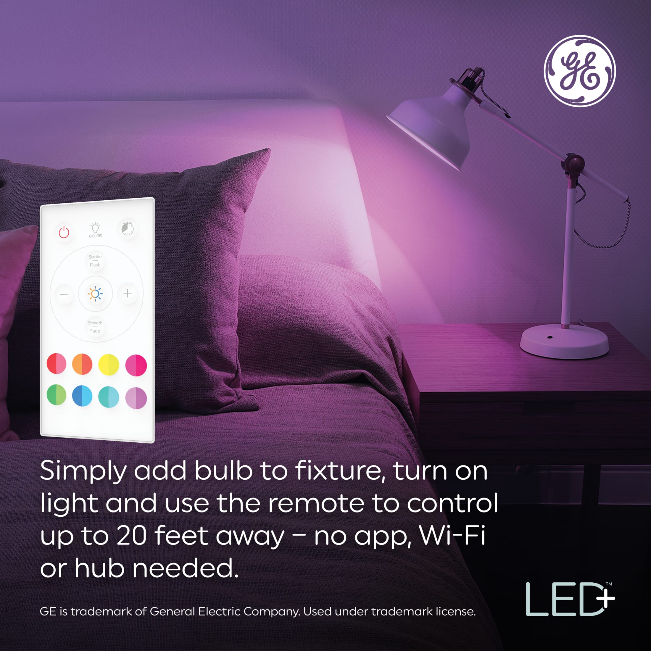 GE LED+ Color A19 Smart Bulb, 16 Colors, Remote Control (2 Pack) photo 3