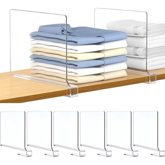 6 PCS Shelf Dividers for Closet Organization, Acrylic Bag Storage Organizer Bookshelf Separator Dividers for Wooden, Vertical Shelves, Bedroom, Kitchen, Office