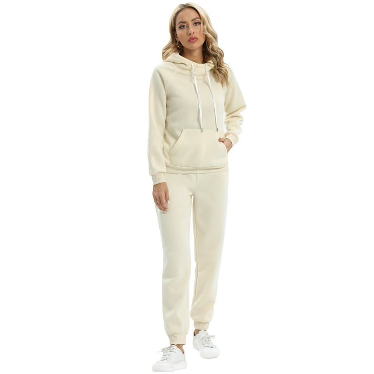 Women's Sweatshirt and Sweatpants Set Solid Color Long Sleeve Hoodie Top  and Jogger Pants 2-Piece Casual Sweatsuit Outfits, Cream 2XL 