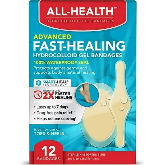 All Health Advanced Fast Healing Hydrocolloid Gel Bandages, Assorted Sizes, 12 ct | 2X Faster Healing for First Aid Blisters or Wound Care