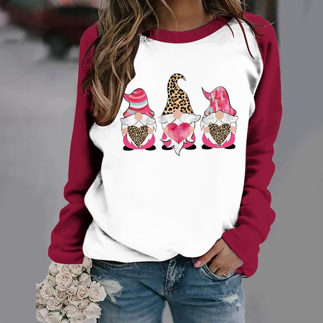 Qertyioot Chandail en Molleton de la Saint-Valentin pour Femmes, Blouse à Manches Longues Imprimée Col Rond Tunique Décontractée