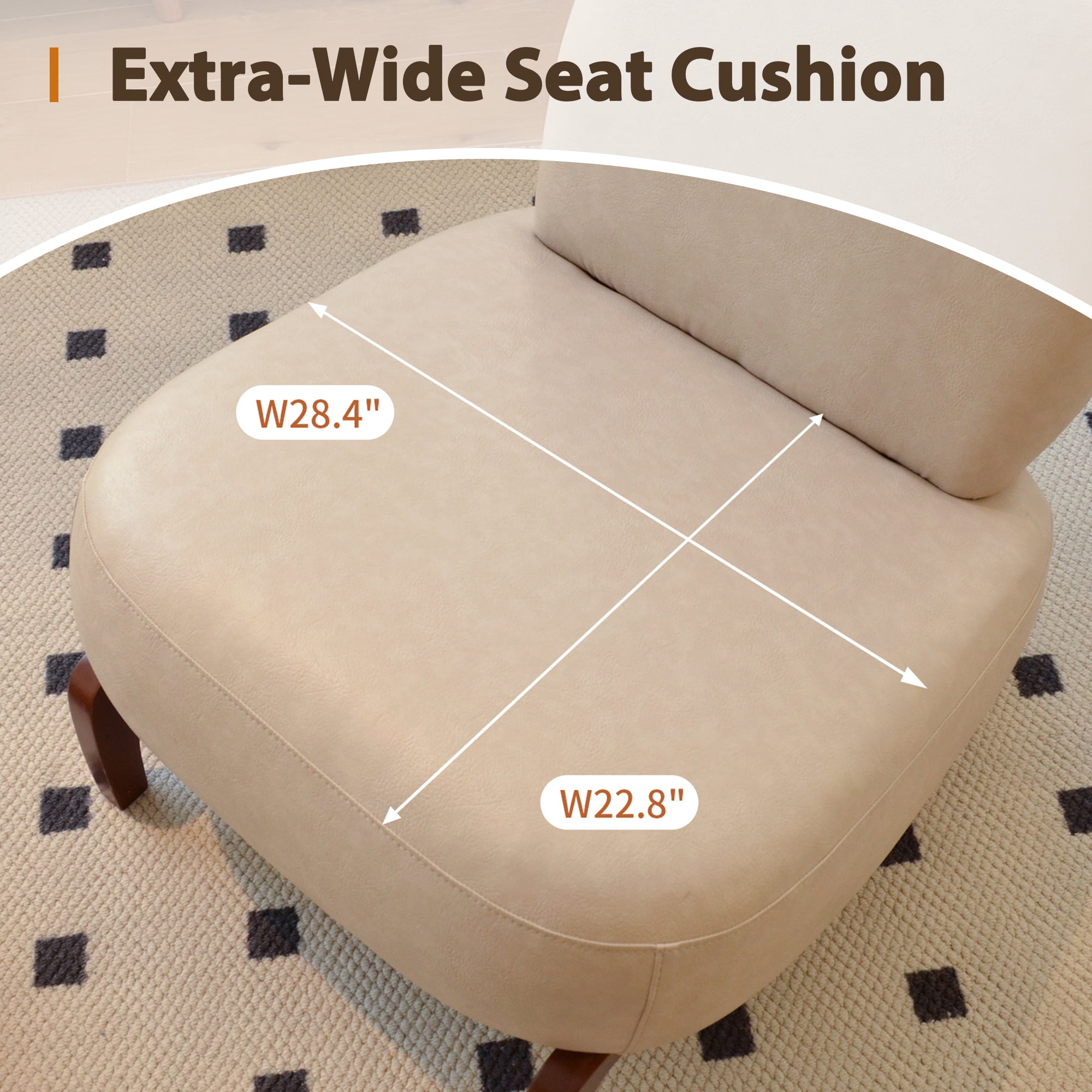 Aukfa Faux Leather Accent Chair with Solid Wood Legs, Armless Living Room Chair with Soft Cushion, Modern Reading Chair for Living Room & Bedroom,Cream