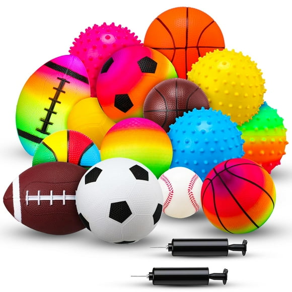 Halloscume 15 Pcs Sports Balls Set for Toddlers Kids Assorted Rubber Sport Playground Balls Inflatable with Pump for Boys Girls Indoor Outdoor Game Gifts