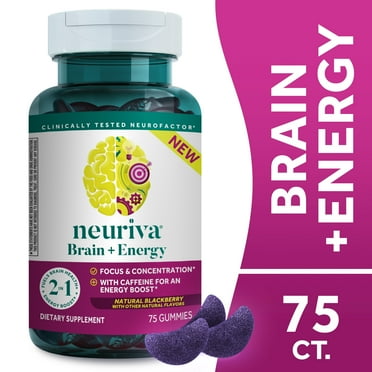 Neuriva Brain   Energy Supplement, Vitamins B12 for Focus, Caffiene for an Energy Boost, Blackberry, 75ct Gummies