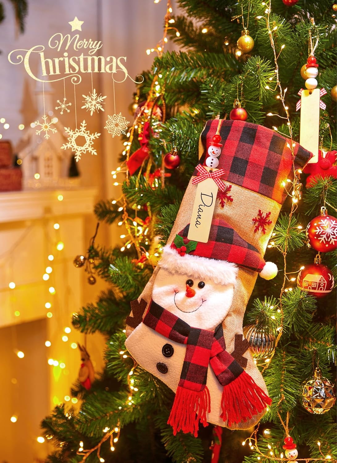 TETOU 4Pcs 18" Christmas Stocking, Burlap Plaid Xmas Stocking with Personalized Name Tag & 3D cartoon Character Santa Snowman Elk Gnome, Christmas Decoration for Indoor Family Kids Holiday Party