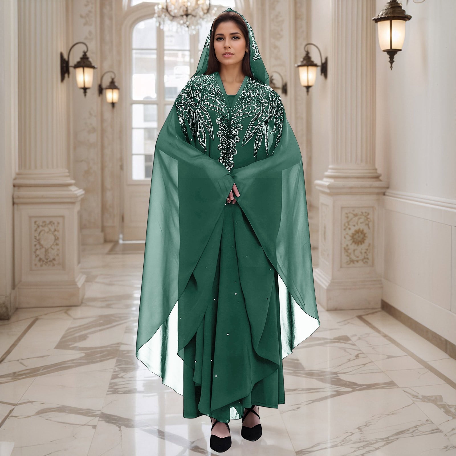 Long Sleeve Shirts for Women, Muslim Dress for Women Loose Batwing Sleeved Hooded Beaded Embroidery Long Abaya Dress Kaftan Abayas Islamic Robe
