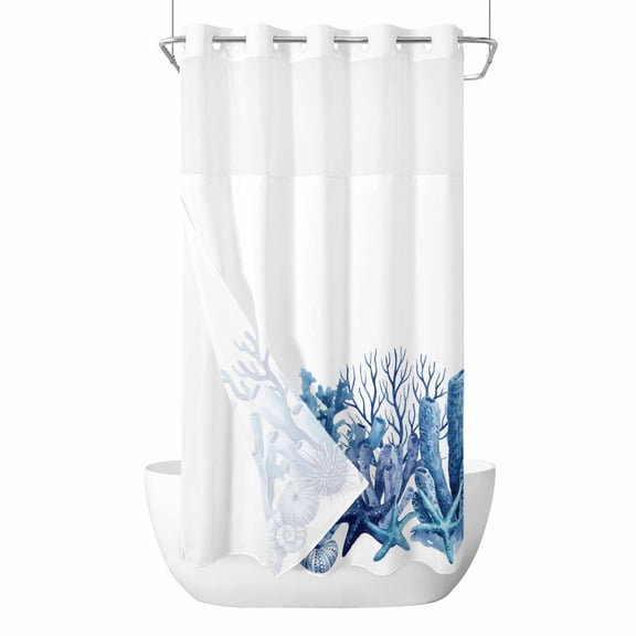 Summer Ocean Coral No Hook Shower Curtain with Snap in Liner Nautical Sea Watercolor Blue Starfish Shell Waterproof Bathroom Shower Curtain with See Through Top Window for Bathtub 36" x 72"