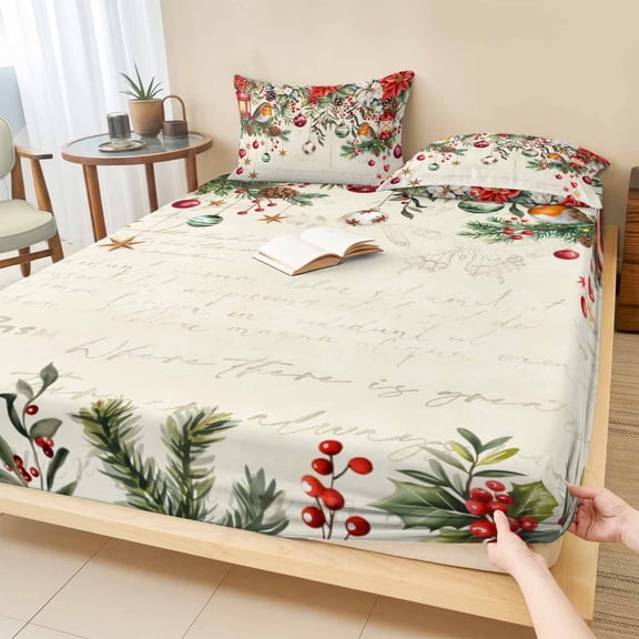 Full Size Fitted Sheet Set - Red Christmas 3 Piece Bedding Sets 16" Deep Pocket Fitted Sheet with 2 Pillowcases, Xams Tree Winter Poinsettia Pine Cones Farmhouse Brushed Microfiber Hotel Bed Sheets