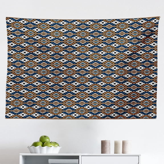 Boho Tapestry, Borders Seamless Geometrical Pattern in Boho Art Style, Fabric Wall Hanging Decor for Bedroom Living Room Dorm, 2 Sizes, Orange Blue and White, by Ambesonne