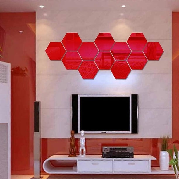 12 acrylic mirror wall stickers (hexagonal, red) 17.7 cm x 15.3 cm mirror wall stickers living room decoration