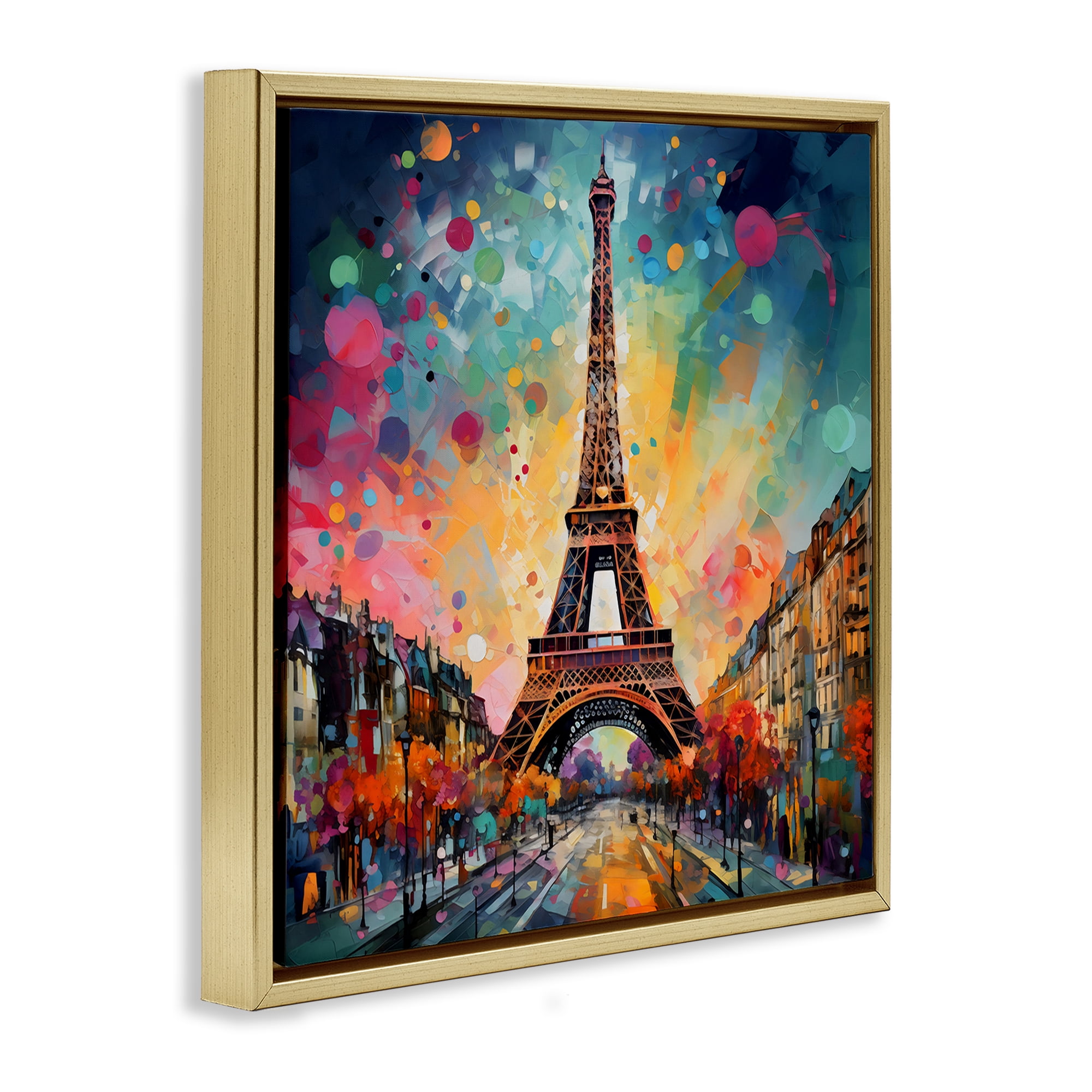 Stupell Industries Eiffel Tower with Vibrant Dots Gold Framed Floater Canvas Wall Art, design by Creative Studio