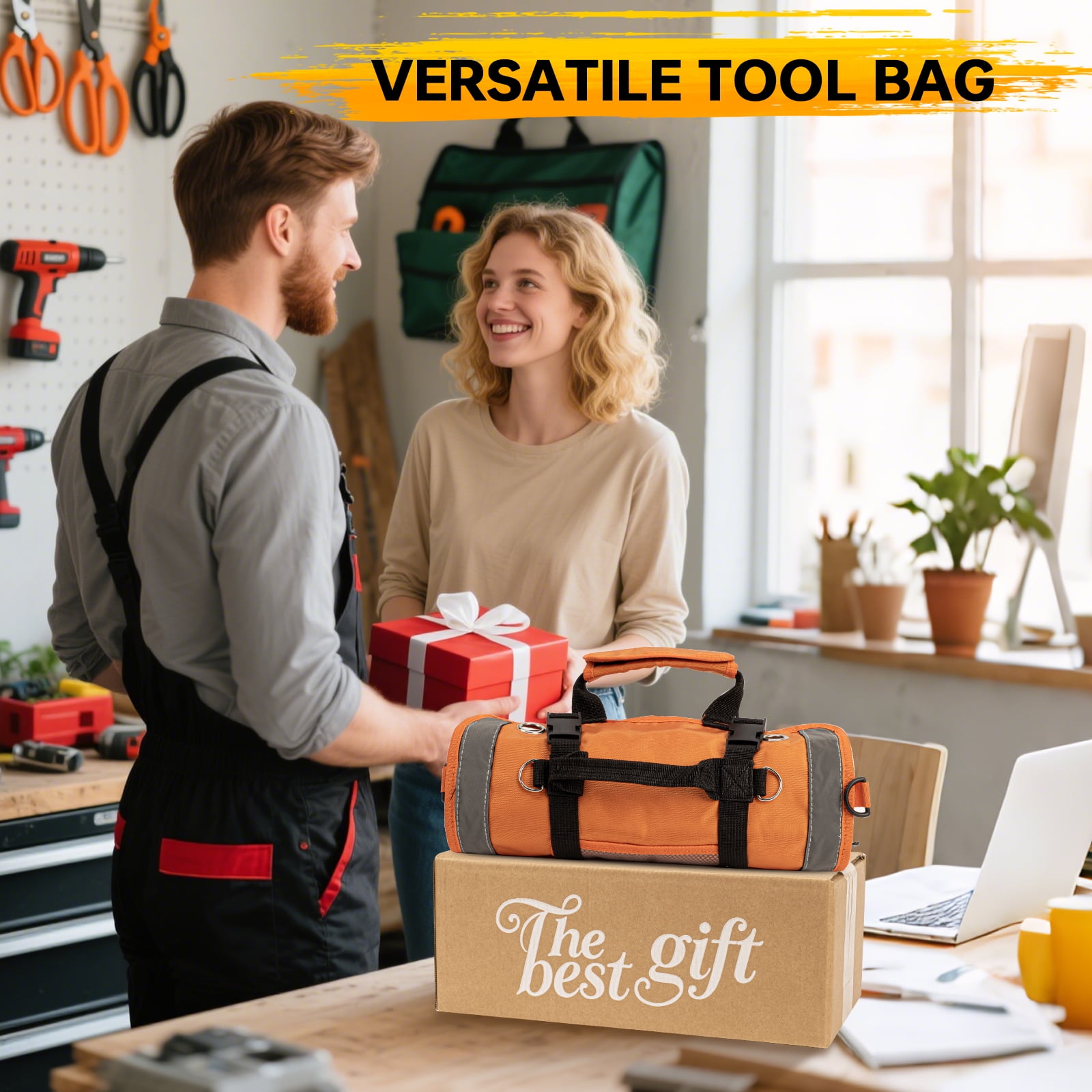 STARWAL 18Pc Orange Tool Set, Home Tool Kit for DIY w/ Hammer, Pliers, Wrenches, Duty Roll up Foldable Tool Bag