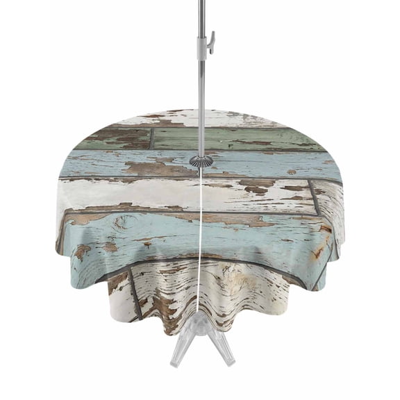Outdoor Tablecloth with Umbrella Hole for Patio/Picnic/Party/Camping, Sage Green Blue Waterproof Table Cloth Round Cover Washable, Vintage Shabby Farmhouse Wooden (Dia 54")