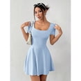 thumbnail image 6 of Baby Blue Square Neck Short Sleeve Fit & Flare Mini Dress With Exterior Pocket, 6 of 8