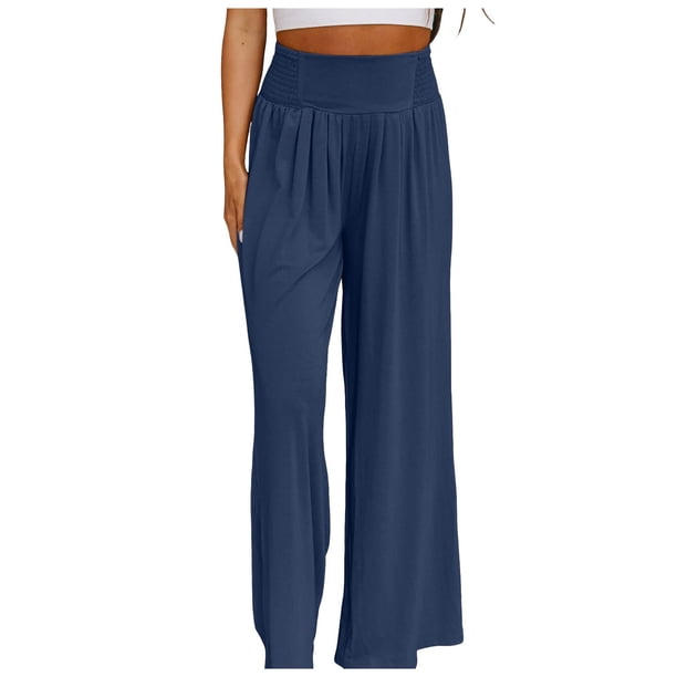 Pantalones boho de mujer con pierna ancha, cintura alta y fruncido - Cintura elástica, ligeros, pantalones informales de playa