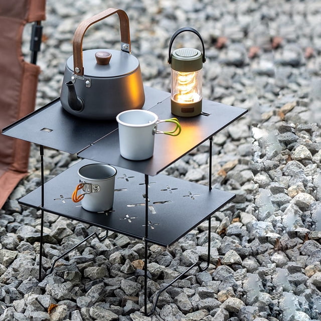 Mesa de camping, mini mesa plegable, mesa de playa, mesa de acero para exteriores, mesa de té pequeña para jardín, patio, barbacoa, patio, picnic Negro