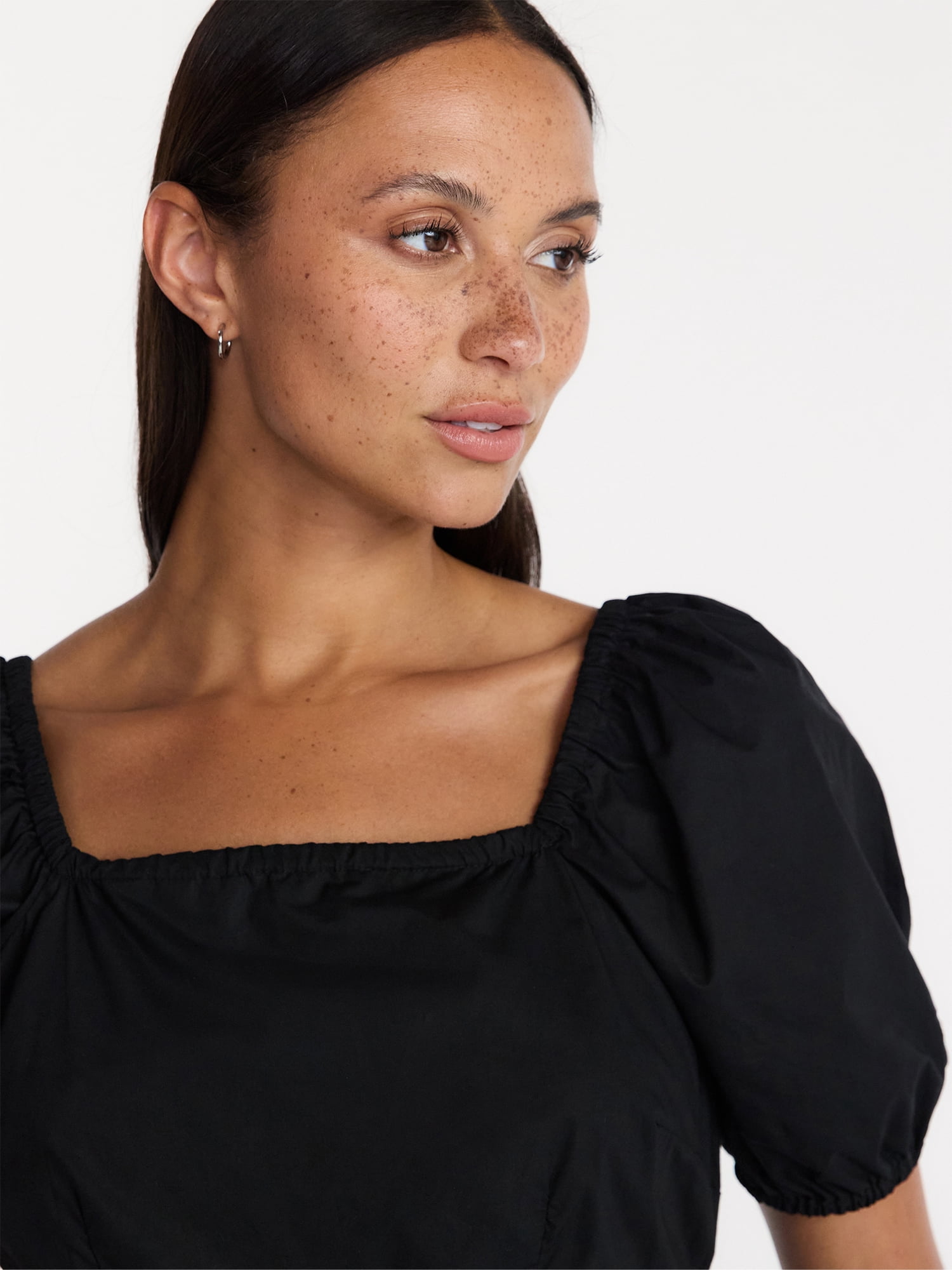 Time and Tru Women's and Women's Plus Cotton Back Tie Midi Dress with Short Puff Sleeves, Sizes XS-4X