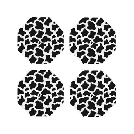 

Coasters Set of 4 - Cow Print Black White Drink Coasters for Tabletop Protection Leather Coasters for Living Room Decor and Housewarming Gift Octagon