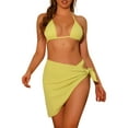 thumbnail image 1 of Conjuntos de bikini de 3 piezas para mujer, con escote halter, trajes de baño de malla con pareo y falda de playa, bañador mediano amarillo, 1 of 5