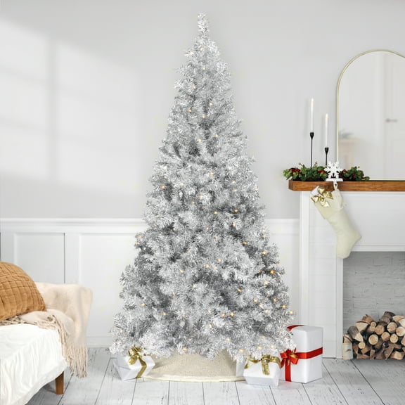 Northlight Pre-Lit Artificial Tinsel Christmas Tree - Silver - 7' - Clear Lights