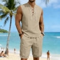 thumbnail image 6 of Eryao Big and Tall Men Workout Set 2 Piece Casual Sleeveless V Neck Muscle Shirts and Elastic Waist Shorts with Pockets Summer Beach Vacation Lounge Sets,Khaki,M, 6 of 9