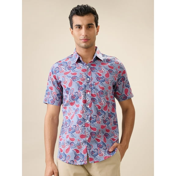 nick&jess Mens 100% Cotton Slim Fit Jaquard Type Printed Casual Short sleeves Shirts