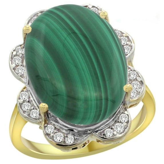 14k Yellow Gold Natural Malachite Ring Oval 18x13mm Diamond Floral Halo, 3/4inch wide, size 10