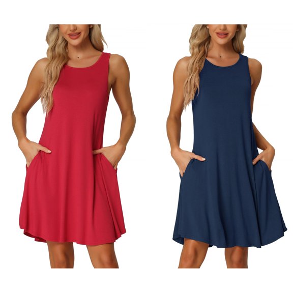 NOMADIC NOOK Women's Mother's Day 2 Pack Sleeveless Tank Nightgown Casual Dress Nightshirt with Pockets X-Small Red/Blue